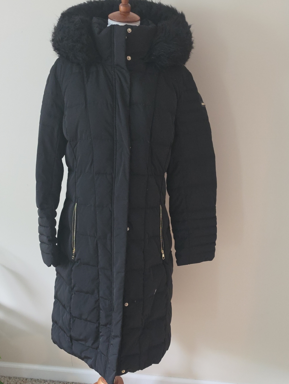 Calvin Klein Long Black Quilted Puff Coat with Fur-Trim Hood
